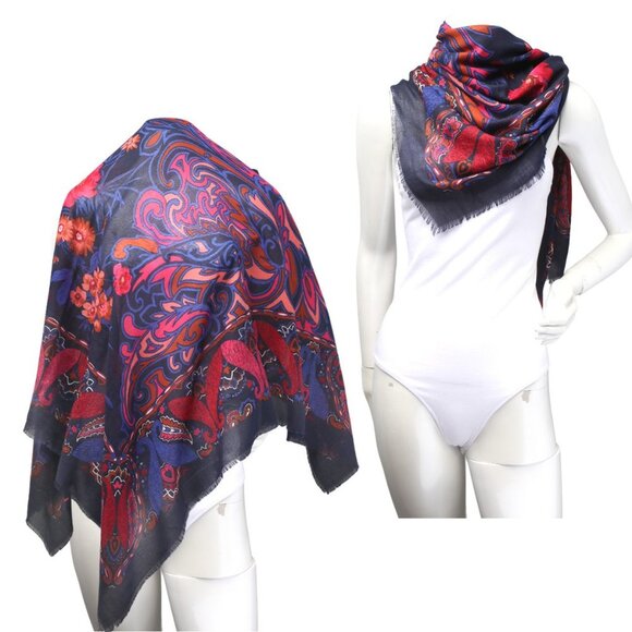 Floral Pashmina Style Large Wrap Scarf Flower Paisley Cotton Navy Pink Black Red - Picture 1 of 6